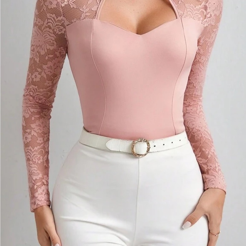 Pink Fitted Lace Bodysuit